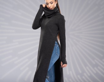 Long Tunic Sweater Dress, Turtleneck Dress, Slit Sweater Dress, Thumb Hole Sweater, Knit Dress, Maxi Sweater Dress