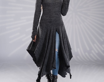Long Asymmetrical Turtleneck Sweater Tunic Dress, High Low Tunic with Thumb Hole Sleeve