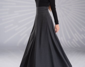 Winter Wool Maxi Skirt, High Waist Victorian Walking Skirt with Pockets