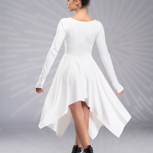 Women White  Asymmetrical Dress, Fairy Dress, Elven Dress, Wedding Dress, Sexy Dress, Pixie Dress with Thumb Holes, Burning Man Dress