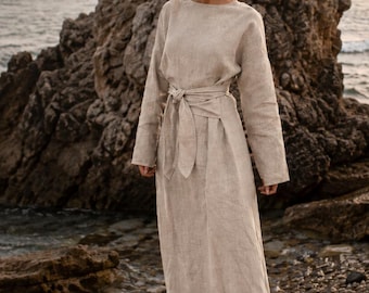 Pure Linen Abaya, Linen Kaftan Maxi Dress, Long Sleeve, Pockets