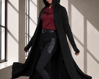 Hooded Long Cardigan, Black Which Cloak with Hood, Thumb Hole, Belt