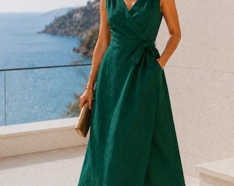Long Wrap Linen Dress, Emerald Green Summer Maxi Dress, Sleeveless, Pockets, V neck