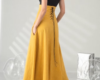 Victorian Walking Skirt, Cotton Maxi Skirt with High Waist, Pockets