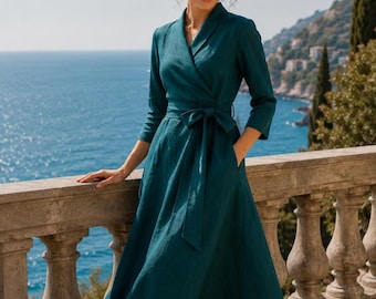 Summer Linen Wrap Dress Long, Teal Blue Midi Dress, Shawl Collar, Obi Belt