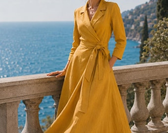 Long Linen Wrap Dress, Mustard Summer Maxi Dress, Pockets