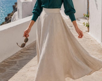 Long Linen Maxi Skirt,  Elegant Circle Skirt, High Waist