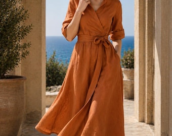 Linen Wrap Dress for Women, Burnt Orange Midi Dress Elegant