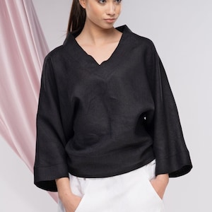 Linen V Neck Blouse for Women, Loose Kimono Top,