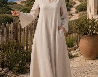 Long Linen Maxi Dress for Women, Linen Abaya, Funnel Sleeve, Pockets