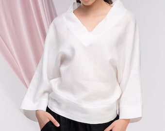 White Linen Blouse for Women, V-Neck Linen Top Women, Long Sleeves Linen Blouse, Linen Kimono Top