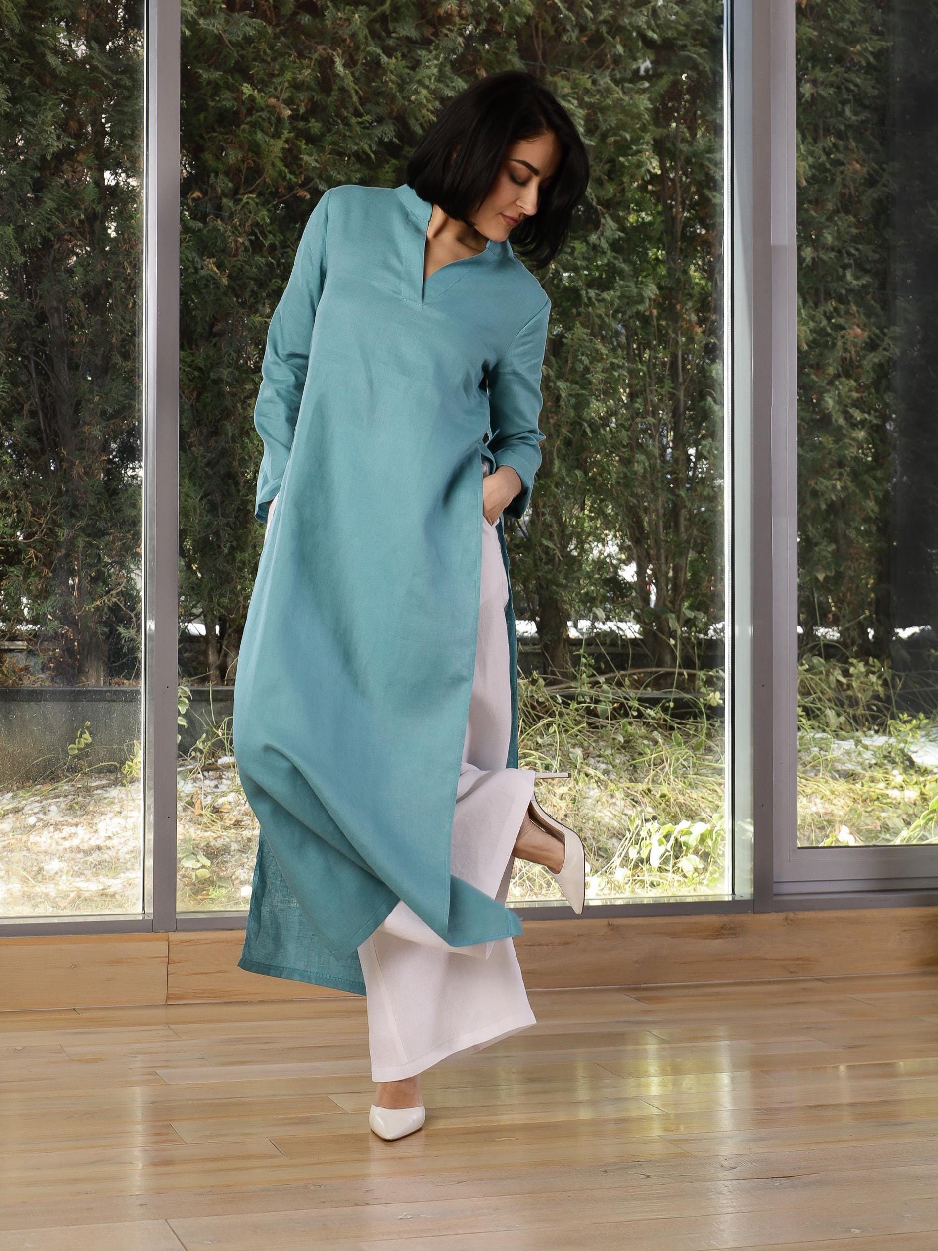 linen long tunic dress Large Stripe Blue Linen Tunic Dress Noa