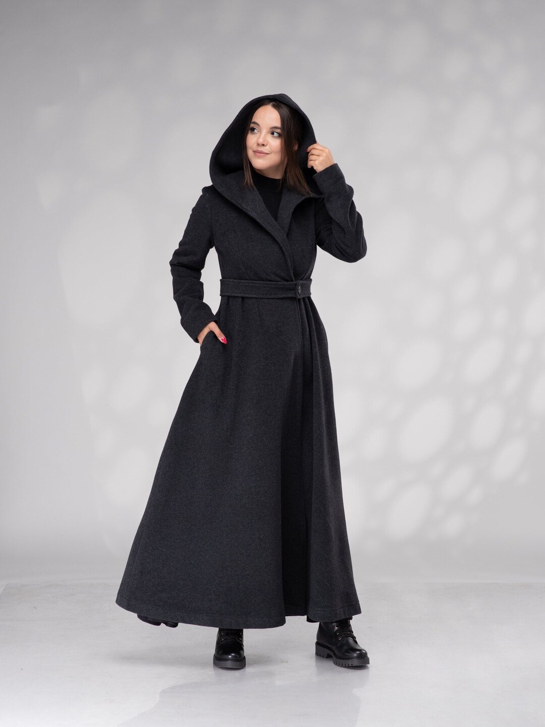 Long black wool coat outlet with hood