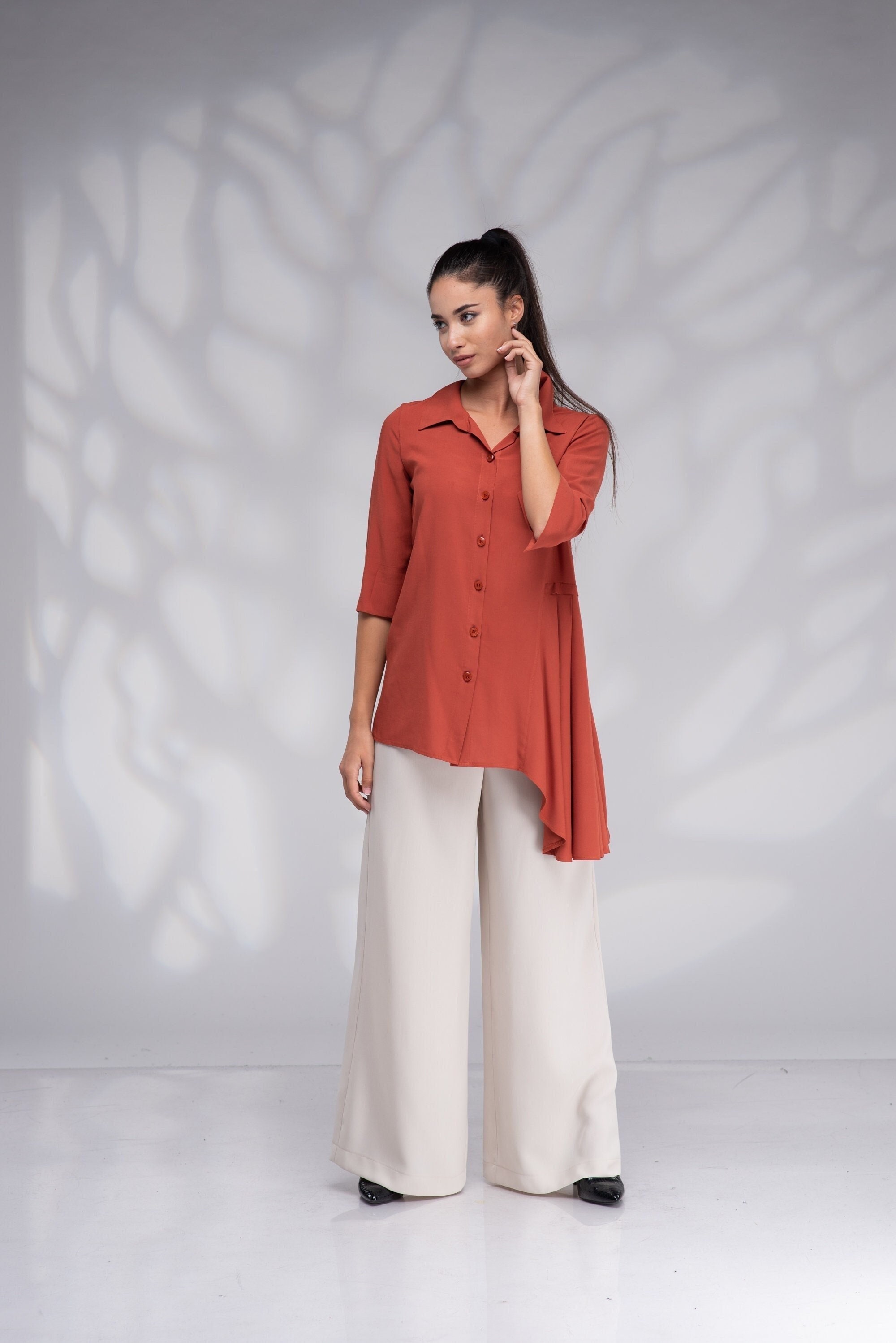 Button up Shirt for Women, Elegant Blouse Plus Size, Asymmetrical Tunic Top, Burnt Orange Blouse, Collared Shirt