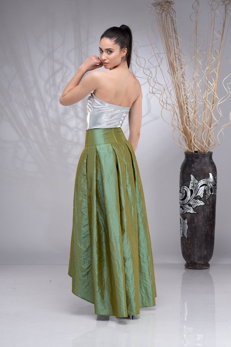 Long Taffeta Skirt for Women, Formal Maxi Skirt, Bridal Skirt, High Waisted Skirt Green (3)