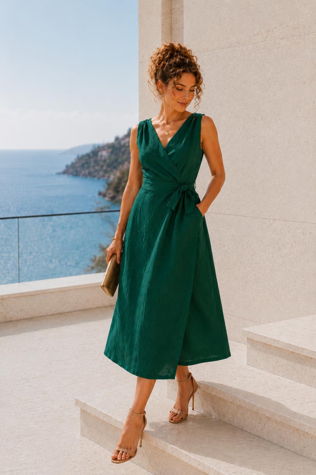 emerald green maxi wrap dress Long Linen Dress, Summer Dress, Sleeveless, Pockets, V Neck cam live 10.30.24