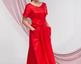 Red Plus Size Dress, Cocktail Dress, Linen Maxi Dress