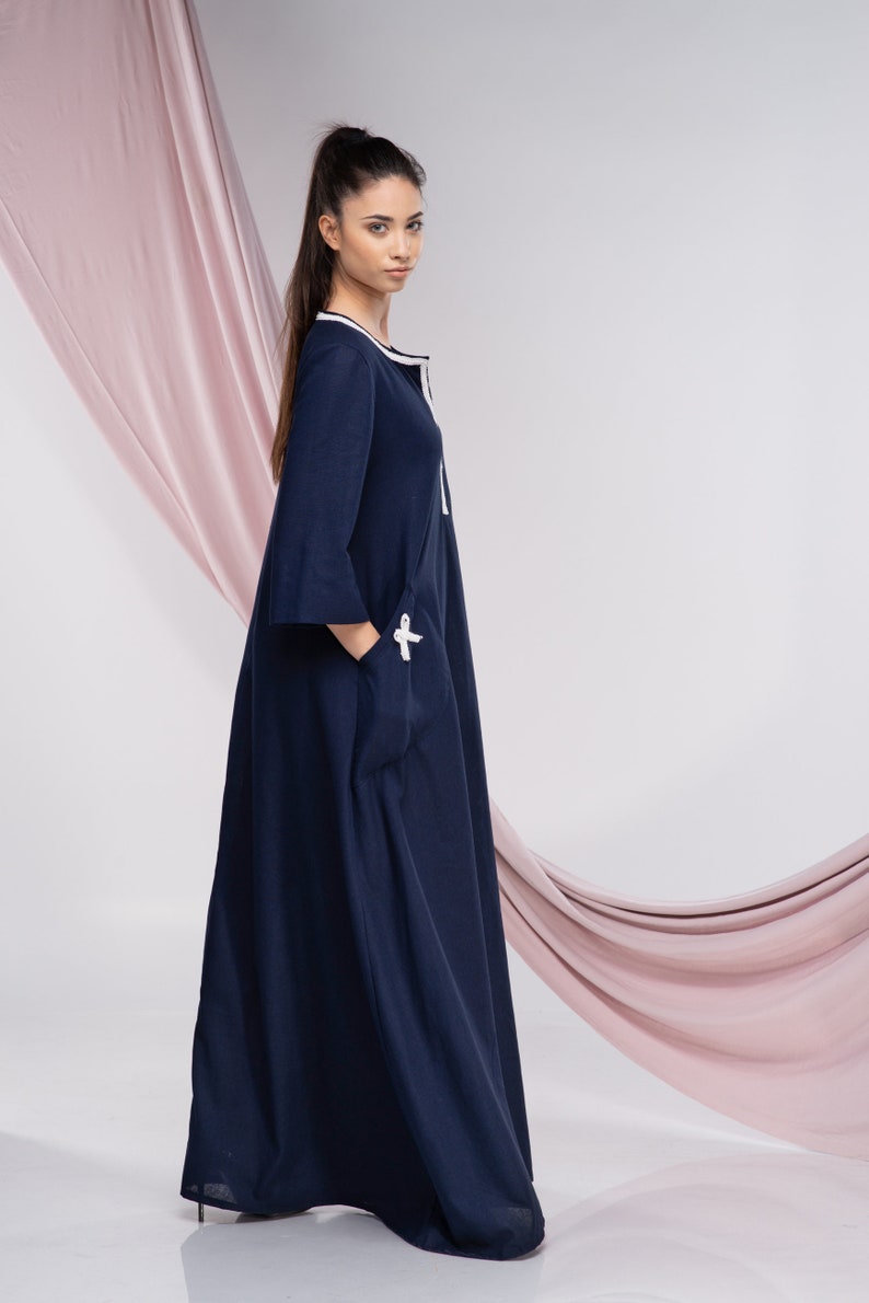 Linne Kaftan Maxiklänning, Broderad Boho Abaya bild 3
