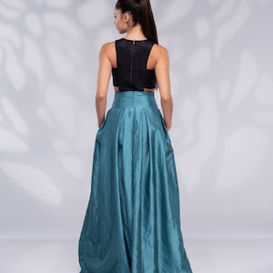 Formele lange maxirok, hoog getailleerde rok, Taffeta rok Teal Blue afbeelding 4