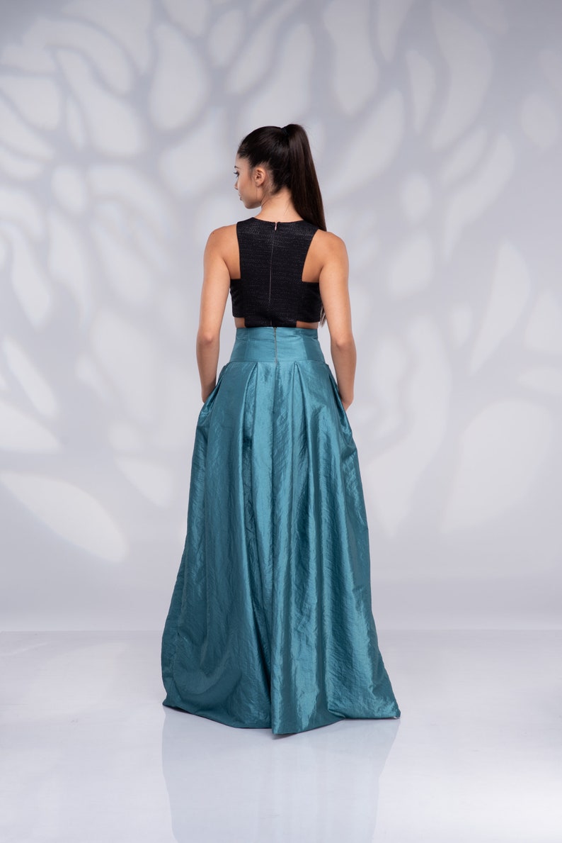 Formele lange maxirok, hoog getailleerde rok, Taffeta rok Teal Blue afbeelding 4