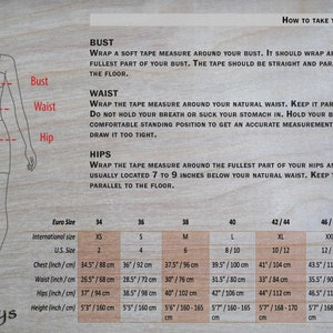 K&ouml;nnte beinhalten: Eine Tabelle mit Anweisungen, wie man K&ouml;rperma&szlig;e f&uuml;r Kleidung nimmt. Die Tabelle enth&auml;lt ein Diagramm einer Frau mit Linien, die angeben, wo man Brust, Taille und H&uuml;fte misst. Die Tabelle enth&auml;lt auch eine Tabelle mit den entsprechenden Euro-Gr&ouml;&szlig;en, internationalen Gr&ouml;&szlig;en, deutschen Gr&ouml;&szlig;en und Ma&szlig;en in Zoll und Zentimetern.