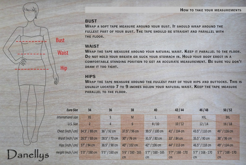K&ouml;nnte beinhalten: Eine Tabelle mit Anweisungen, wie man K&ouml;rperma&szlig;e f&uuml;r Kleidung nimmt. Die Tabelle enth&auml;lt ein Diagramm einer Frau mit Linien, die angeben, wo man Brust, Taille und H&uuml;fte misst. Die Tabelle enth&auml;lt auch eine Tabelle mit den entsprechenden Euro-Gr&ouml;&szlig;en, internationalen Gr&ouml;&szlig;en, deutschen Gr&ouml;&szlig;en und Ma&szlig;en in Zoll und Zentimetern.