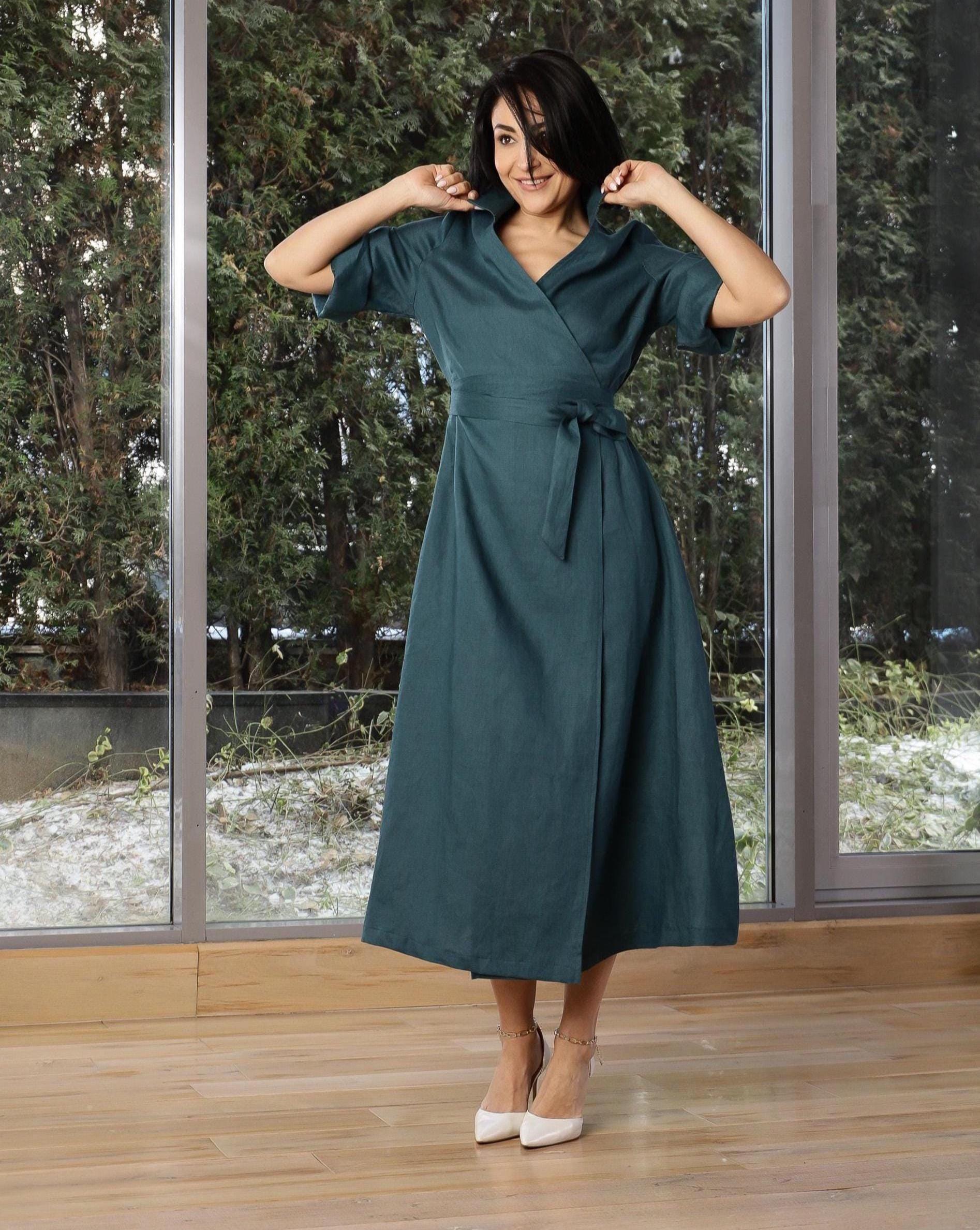 olive green black tie dress Dark Green Linen Bell Sleeve Chemise – French Meadows main image 0