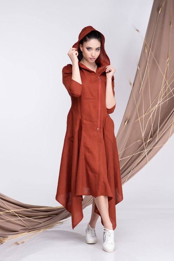 Linen Dress Burnt Orange Hooded Summer Dress With Two Pockets - Etsy