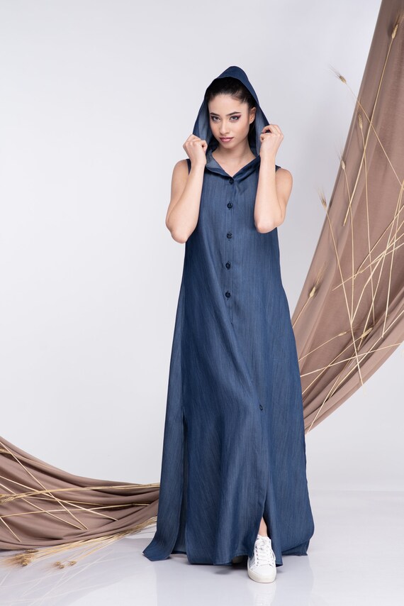 Summer Maxi Dress Denim Hooded Dress 