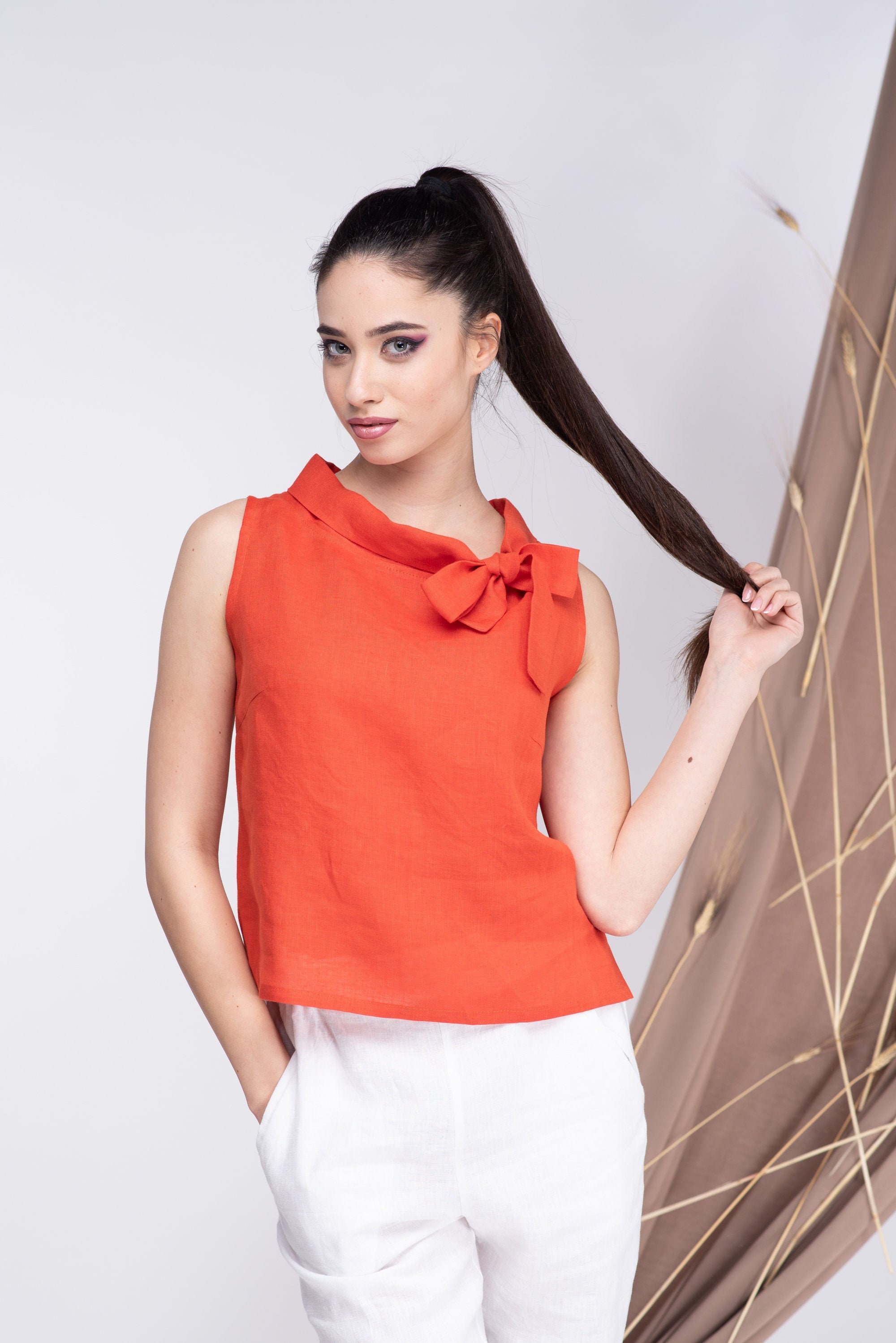 Women Linen Tops Sleeveless Linen Blouse Women Orange Summer | Etsy