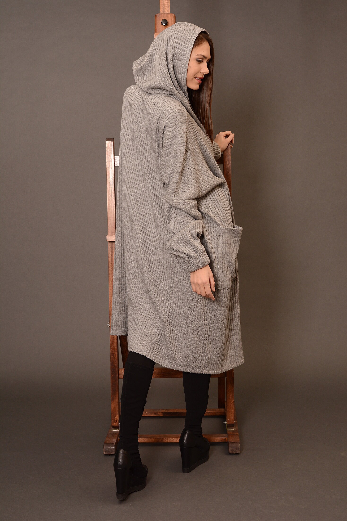long hooded sweater duster