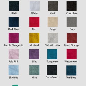 May include: Colour palette chart showing 16 different linen fabric colours. The colours are: black, white, khaki, chocolate, dark blue, red, beige, grey, purple/magenta, mustard, natural linen, burnt orange, pale pink, lilac, turquoise, watermelon, sky blue, mint, dark green, and teal blue.