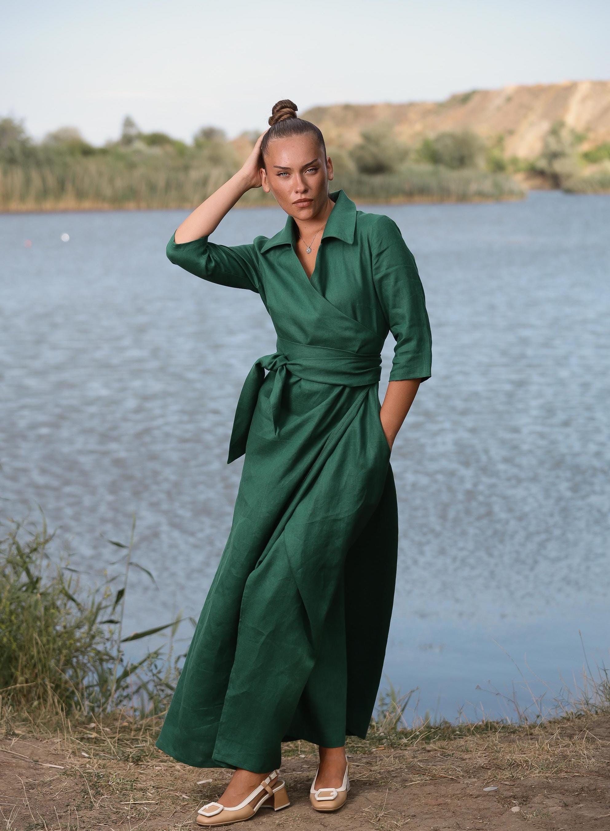 green emerald velvet dress Flowy Emerald Green Women's Maxi Wrap Dress