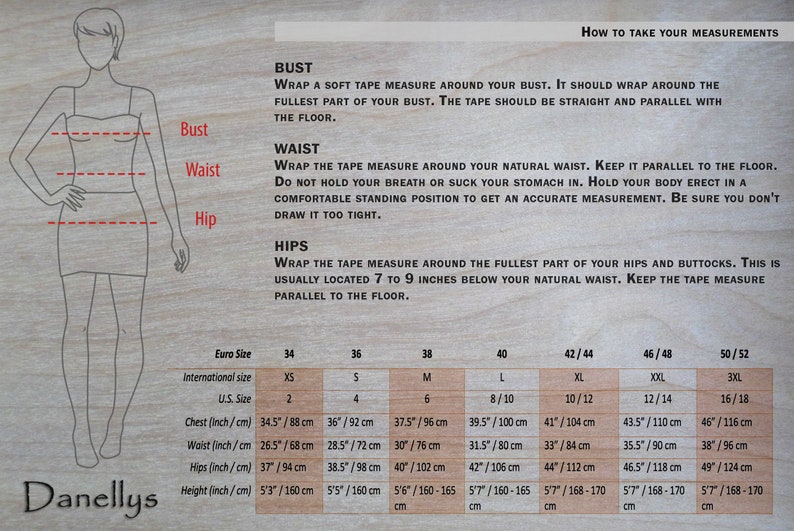 May include: A chart with instructions on how to take body measurements for clothing. The chart includes a diagram of a woman with lines indicating where to measure the bust, waist, and hips. The chart also includes a table with corresponding Euro sizes, international sizes, US sizes, and measurements in inches and centimeters.