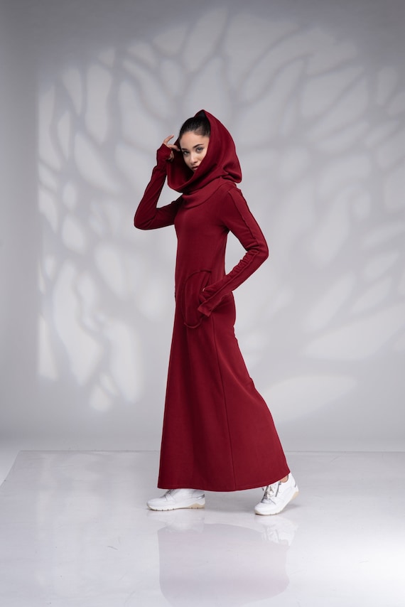 Hooded Sweatshirt Dress, Winter Maxi Dress With Cowl Hood, Long Hoodie Dress  With Thumb Hole Sleeves, Elven Dress -  Canada