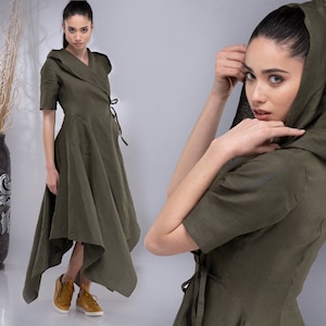 Long Wrap Linen Dress for Women, Hooded Linen Dress Women, Maxi Linen Dress, Asymmetrical Linen Hoodie Dress