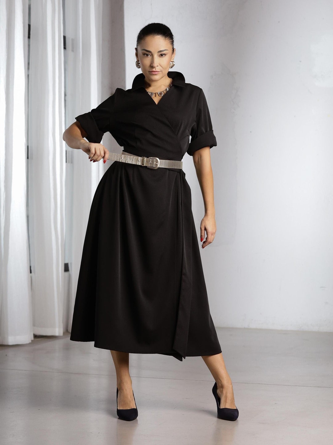 long black wrap dress with sleeves Bri Satin Ruched detail Long Black Wrap Dress for