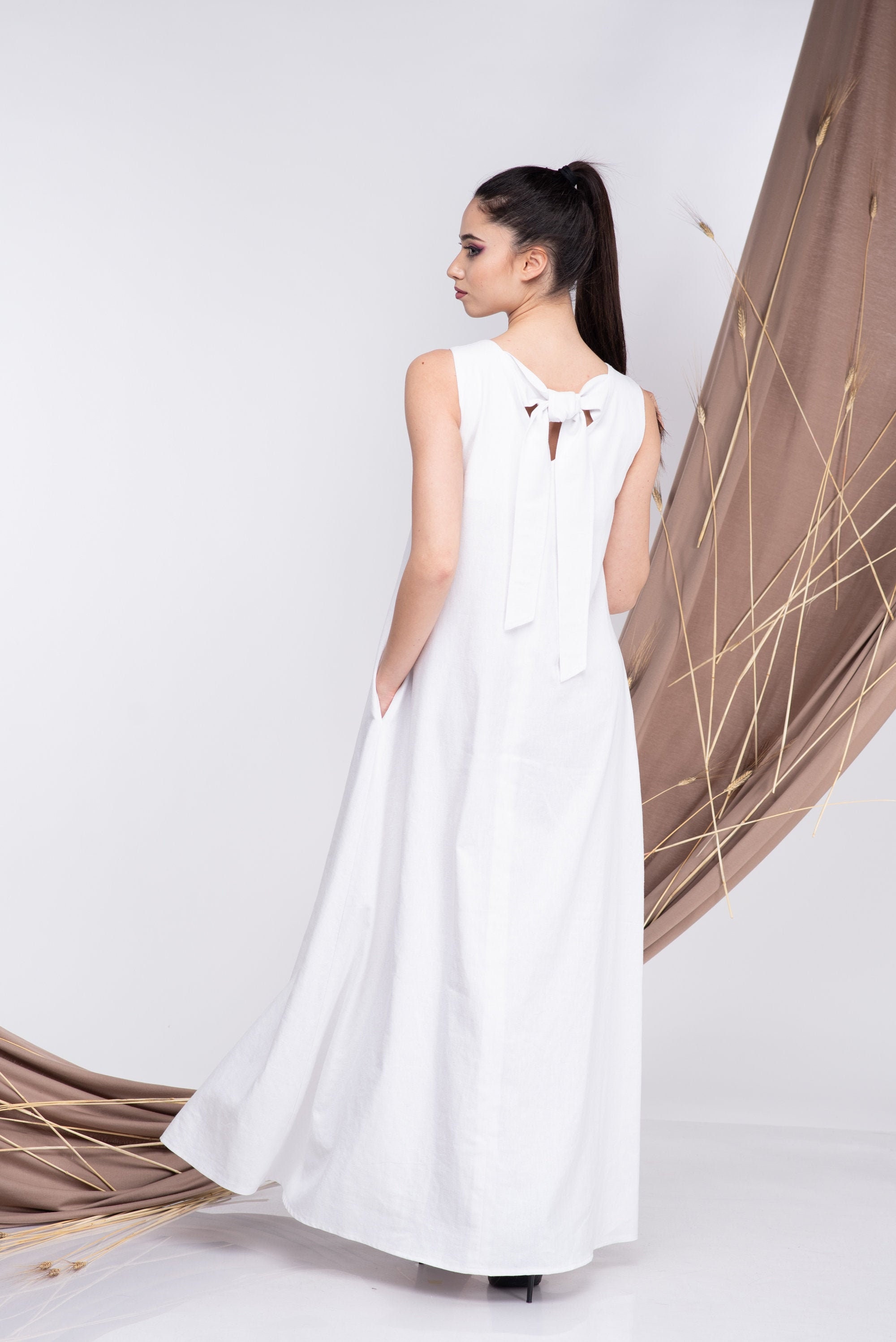 Linen Sleeveless Maxi Summer Long Dress White (6) / L / 100% Linen