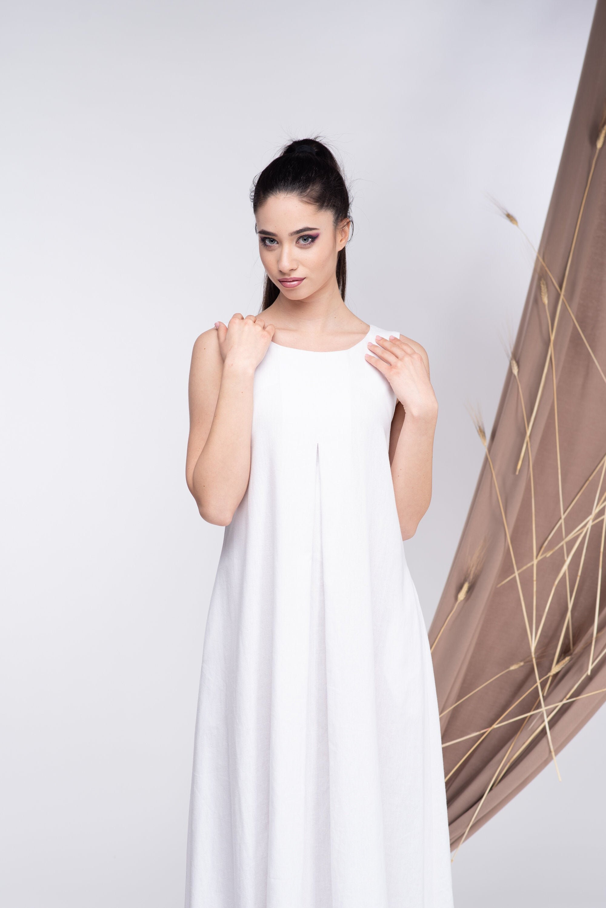 Linen Sleeveless Maxi Summer Long Dress White (6) / L / 100% Linen Linen Sleeveless Maxi Summer Long Dress White (6) / L / 100% Linen