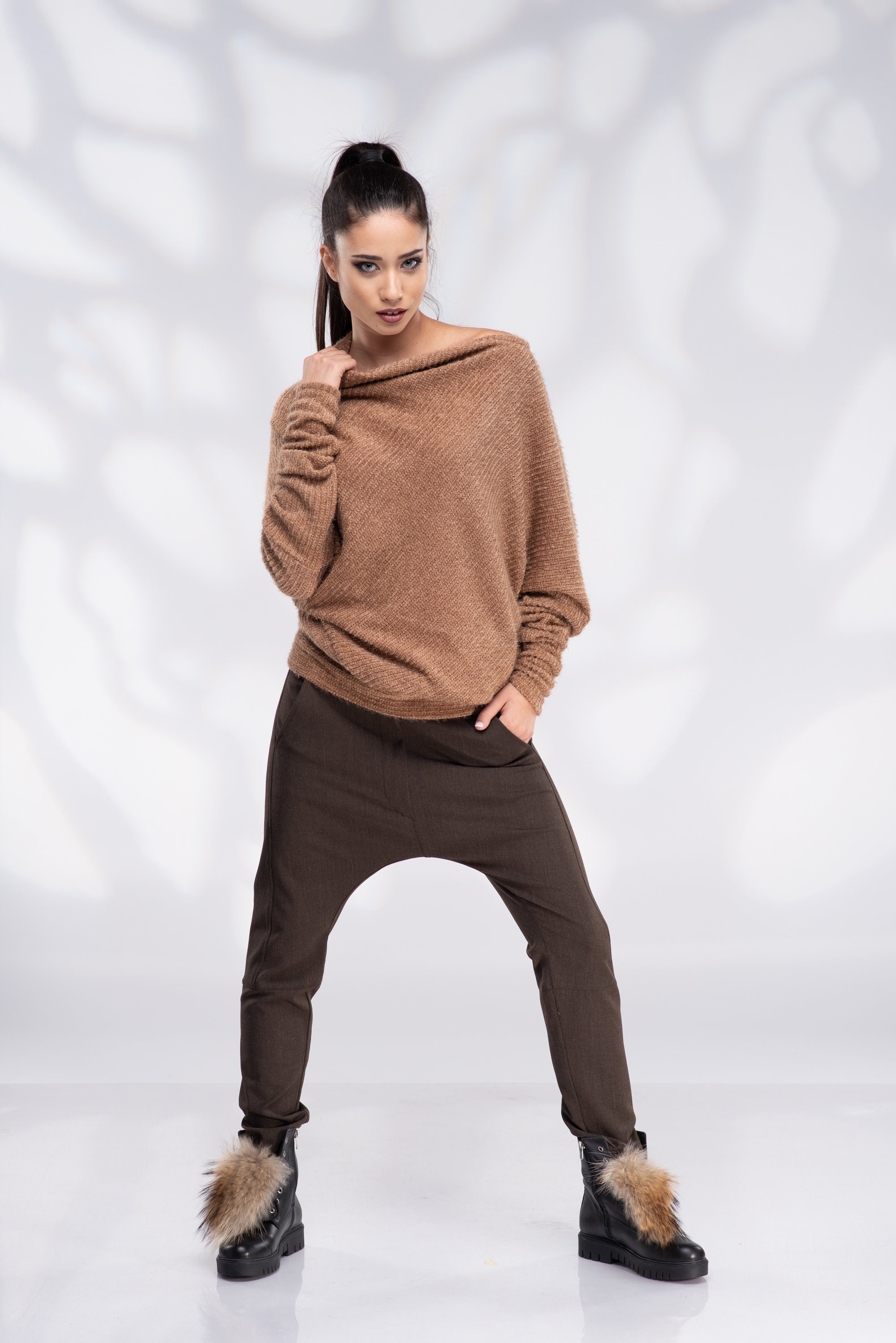 Off Shoulder Sweater Camel Sweaters for Women Etsy