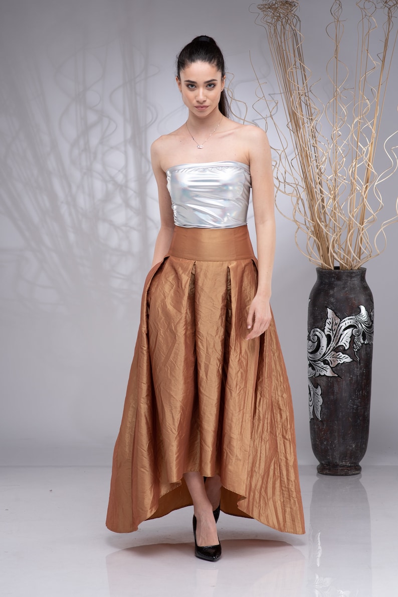 Formal Long Maxi Skirt, High Waisted Skirt, Wedding Skirt, Bridal Skirt, Blue Taffeta Skirt, Asymmetric Skirt Gold (15)