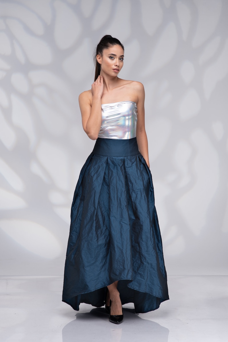 Formele lange maxi rok, hoog getailleerde rok, trouwrok, bruidsrok, blauwe Taffeta rok, asymmetrische rok Dark Blue (5)