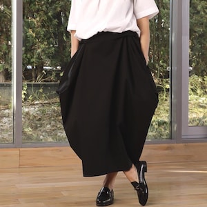 Black Avant garde Skirt, Long Balloon Skirt Women, Asymmetrical Cotton Skirt, Maxi Summer Skirt