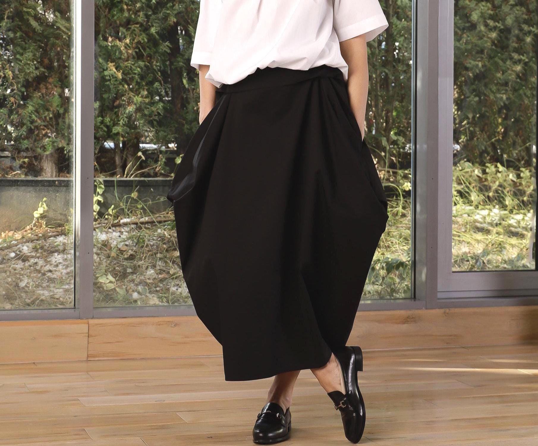 Black Avant garde Skirt, Long Balloon Skirt Women, Asymmetrical Cotton Skirt, Maxi Summer Skirt