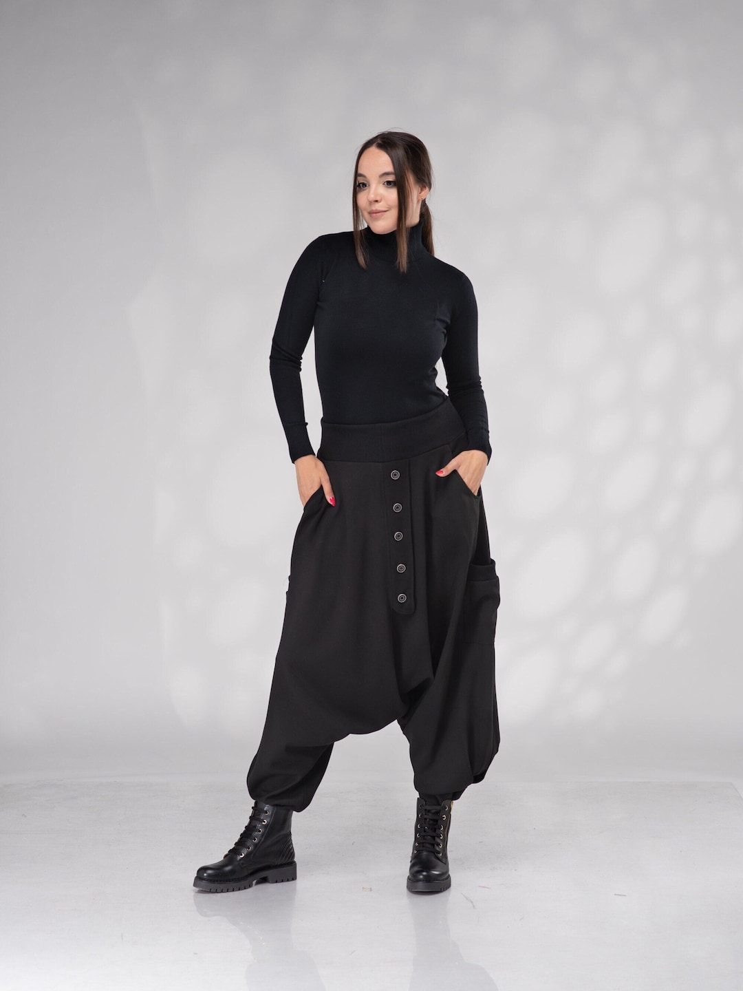 Pantaloni harem neri in lana da donna, pantaloni invernali unisex