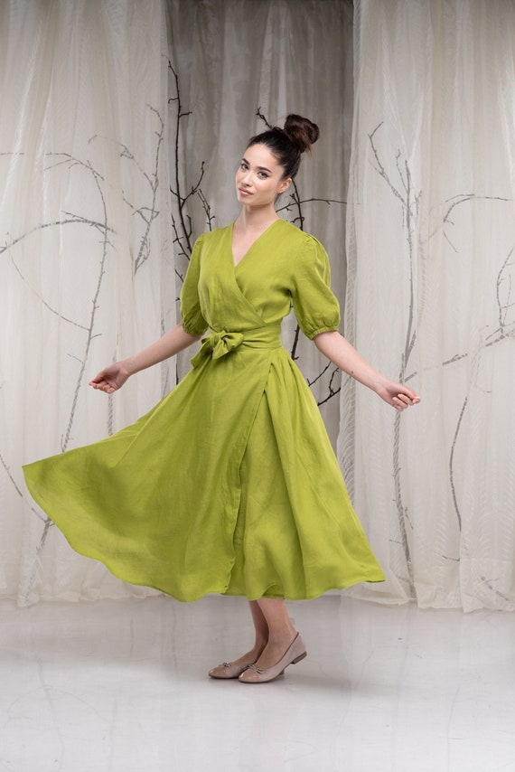 Linen Wrap Dress for Women Puff Sleeve Dress Linen Wedding Dress