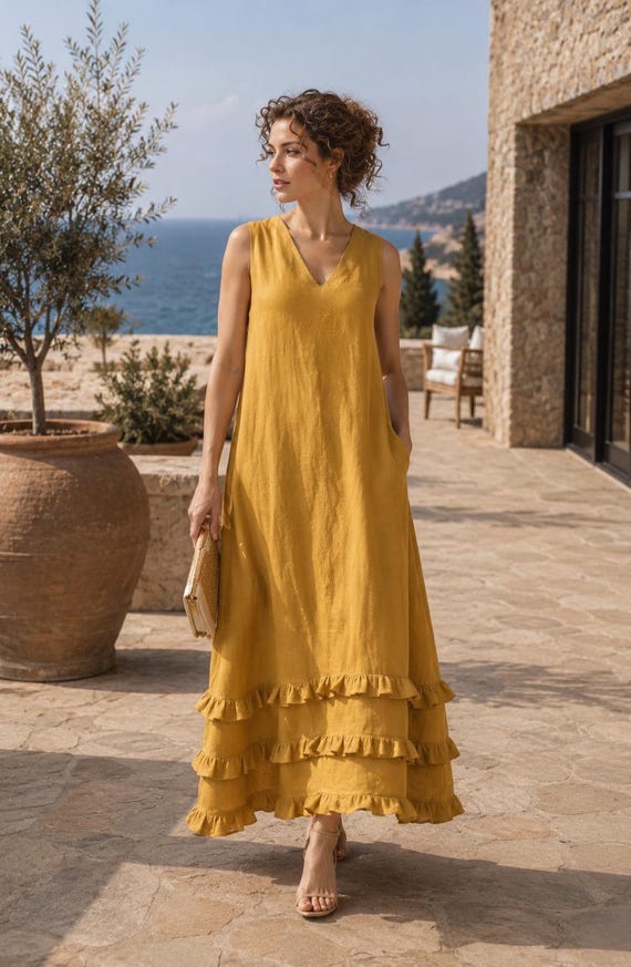 mustard flowy dress Sleeveless Maxi Linen, Long Summer Dress With V Neck, Side Pockets casual mustard yellow dress