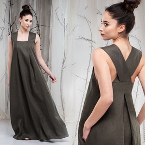Linen Boho Maxi Dress Square Neck, Cross Back Dress, Plus Size Dress, Linen Wedding Dress, Linen Pinafore Dress, Long Linen Dress