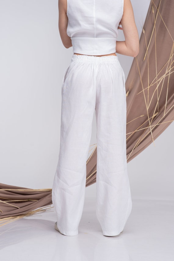 パンツ PLAIN White Trousers with Wide Leg in Linen Woman White Linen Trousers Women, Linen Palazzo Pants, Wide Leg