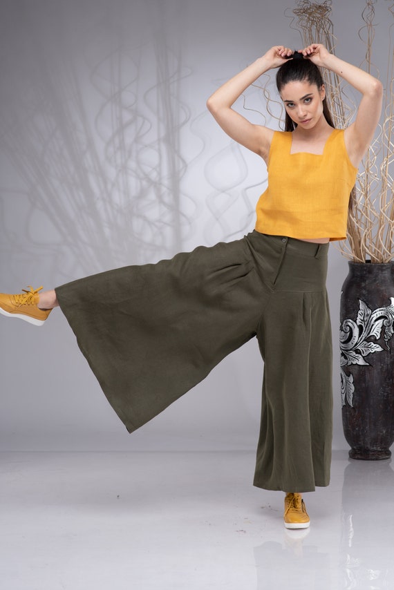 Jupe culotte en lin Pantalon jupe en lin Pantalon large Pantalon en lin femme Pantalon boheme en lin Pantalon palazzo en lin Pantalon kaki d ete Etsy France